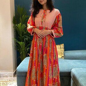 BRAND NEW Tiger Block Print Midi Dress Cotton Summer Dress Bridesmaid  Dress